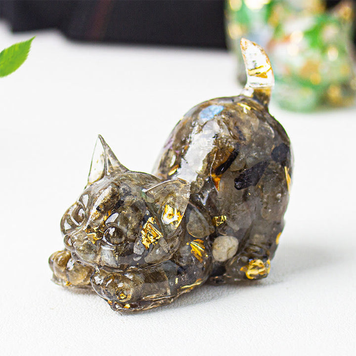 Buddha Stones Décoration de méditation en gravier de cristal et résine représentant un chat qui s'étire - Labradorite noire - 4,5 x 3 x 4,2 cm - image 46
