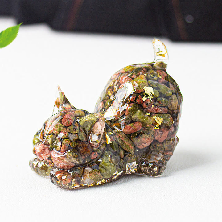 Buddha Stones Décoration de méditation en gravier de cristal et résine représentant un chat qui s'étire - Unakite - 4,5 x 3 x 4,2 cm - image 43