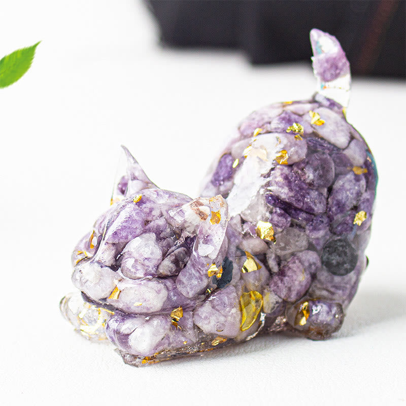Buddha Stones Décoration de méditation en gravier de cristal et résine représentant un chat qui s'étire - Lépidolite - 4,5 x 3 x 4,2 cm - image 50
