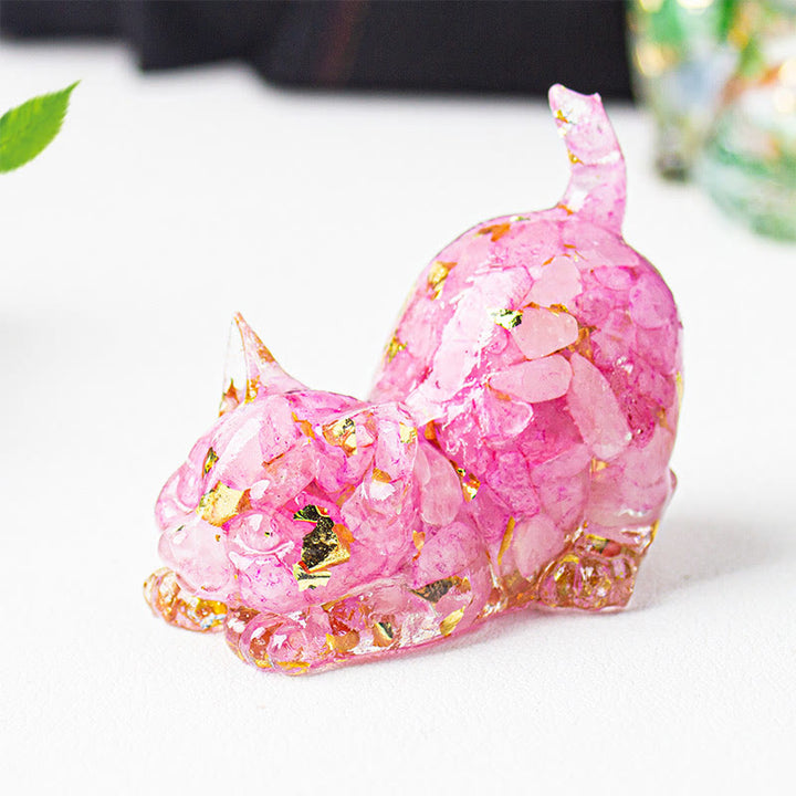 Buddha Stones Décoration de méditation en gravier de cristal et résine représentant un chat qui s'étire - Quartz rose - 4,5 x 3 x 4,2 cm - image 53