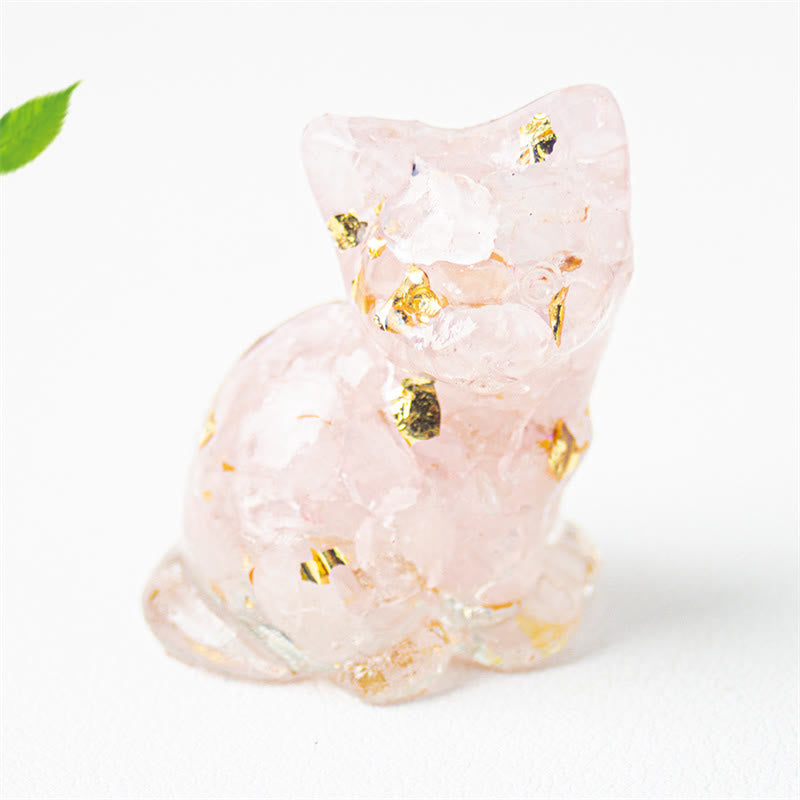Buddha Stones Chat assis en résine, gravier, cristal rose, citrine, cristal blanc, lapis-lazuli, décoration de bureau apaisante - Cristal rose - Environ 3,2 x 3,3 x 4 cm - image 1