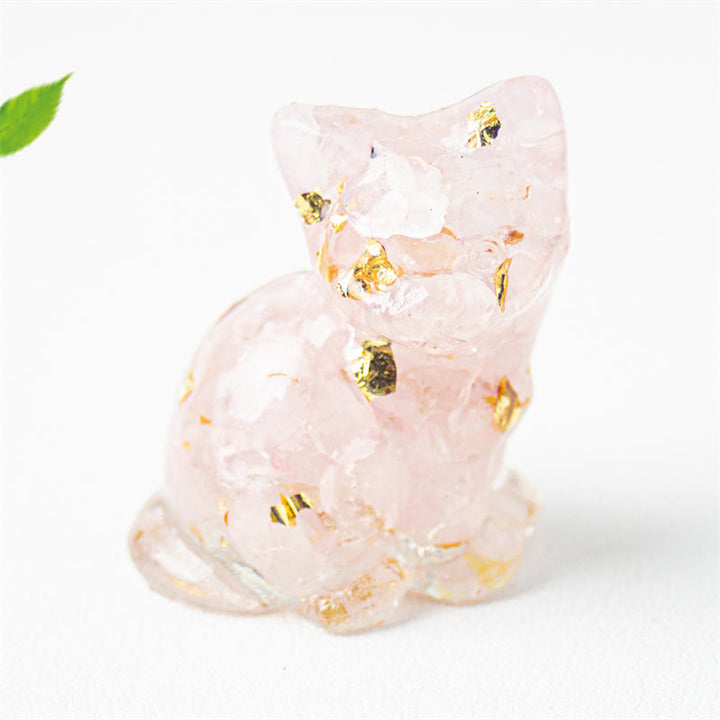 Buddha Stones Chat assis en résine, gravier, cristal rose, citrine, cristal blanc, lapis-lazuli, décoration de bureau apaisante - Cristal rose - Environ 3,2 x 3,3 x 4 cm - image 1