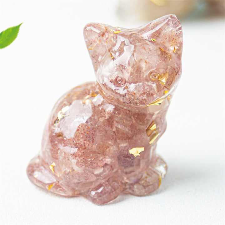 Buddha Stones Chat assis en résine, gravier, cristal rose, citrine, cristal blanc, lapis-lazuli, décoration de bureau apaisante - Quartz fraise - Environ 3,2 x 3,3 x 4 cm - image 12
