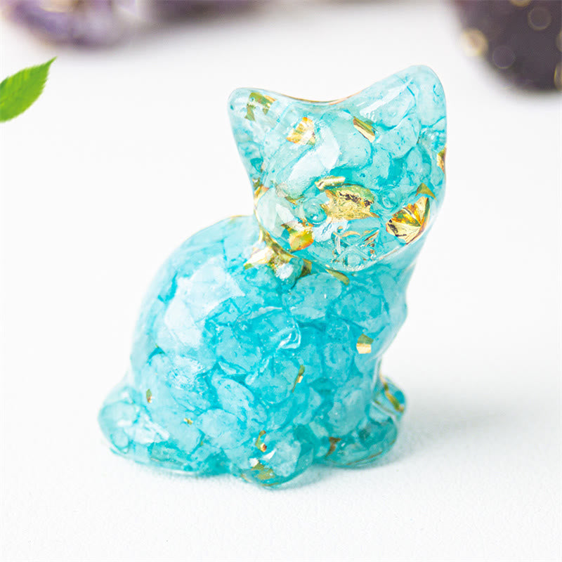 Buddha Stones Chat assis en résine, gravier, cristal rose, citrine, cristal blanc, lapis-lazuli, décoration de bureau apaisante - Bleu vert - Environ 3,2 x 3,3 x 4 cm - image 7