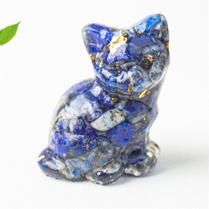 Buddha Stones Chat assis en résine, gravier, cristal rose, citrine, cristal blanc, lapis-lazuli, décoration de bureau apaisante - Lapis-lazuli - Environ 3,2 x 3,3 x 4 cm - image 9