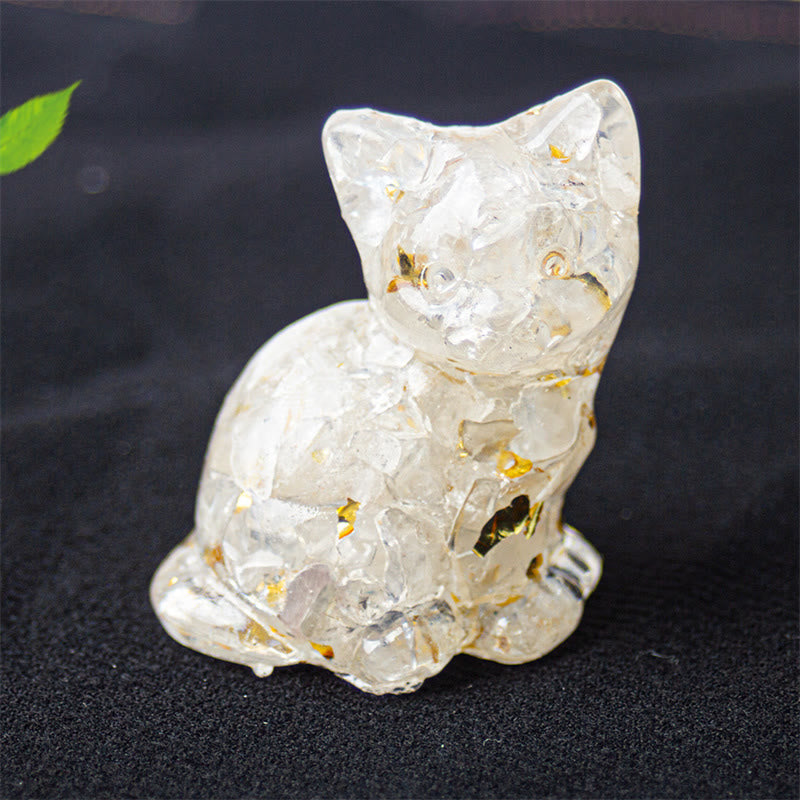 Buddha Stones Chat assis en résine, gravier, cristal rose, citrine, cristal blanc, lapis-lazuli, décoration de bureau apaisante - Cristal blanc - Environ 3,2 x 3,3 x 4 cm - image 5