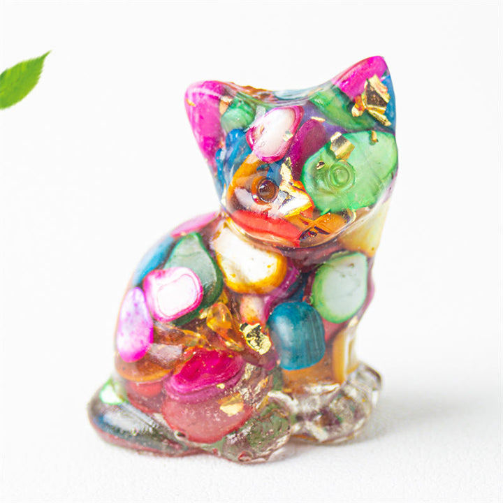 Buddha Stones Chat assis en résine, gravier, cristal rose, citrine, cristal blanc, lapis-lazuli, décoration de bureau apaisante - Coquillage coloré - Environ 3,2 x 3,3 x 4 cm - image 11