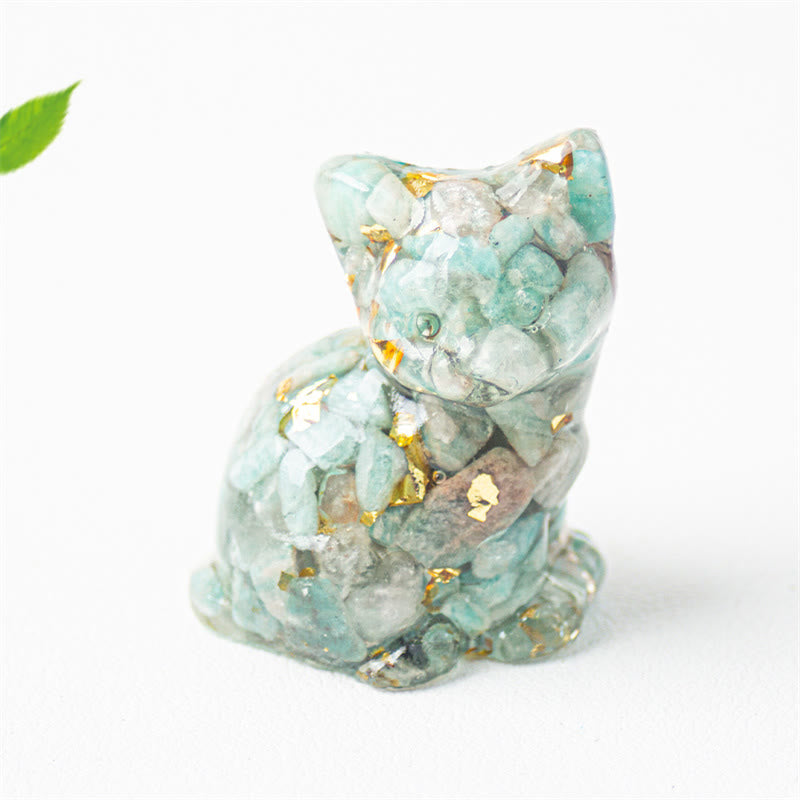 Buddha Stones Chat assis en résine, gravier, cristal rose, citrine, cristal blanc, lapis-lazuli, décoration de bureau apaisante - Amazonite - Environ 3,2 x 3,3 x 4 cm - image 20