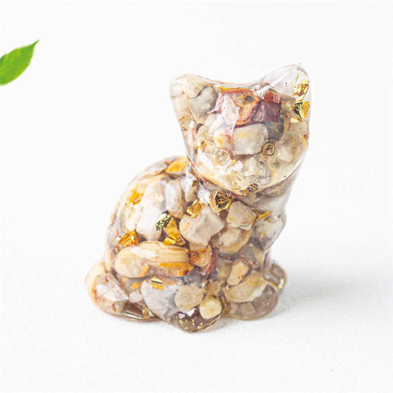Buddha Stones Chat assis en résine, gravier, cristal rose, citrine, cristal blanc, lapis-lazuli, décoration de bureau apaisante - Agate folle - Environ 3,2 x 3,3 x 4 cm - image 33