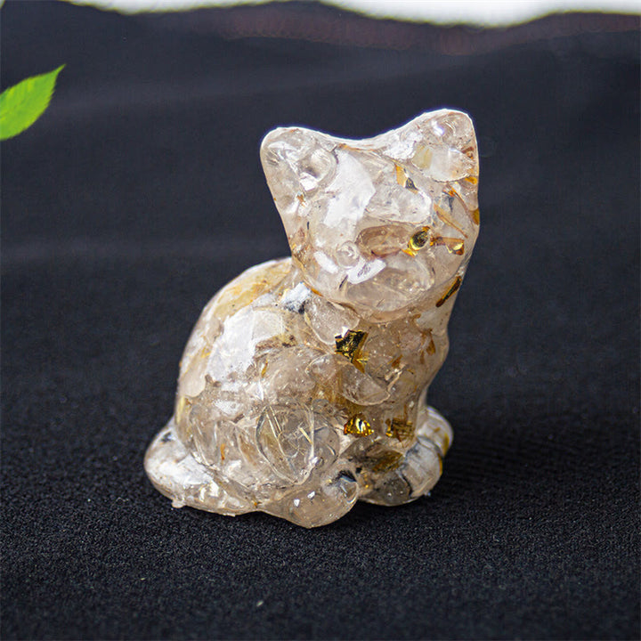 Buddha Stones Chat assis en résine, gravier, cristal rose, citrine, cristal blanc, lapis-lazuli, décoration de bureau apaisante - Quartz rutile - Environ 3,2 x 3,3 x 4 cm - image 27