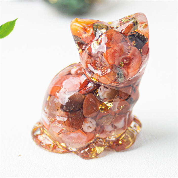 Buddha Stones Chat assis en résine, gravier, cristal rose, citrine, cristal blanc, lapis-lazuli, décoration de bureau apaisante - Agate rouge - Environ 3,2 x 3,3 x 4 cm - image 18