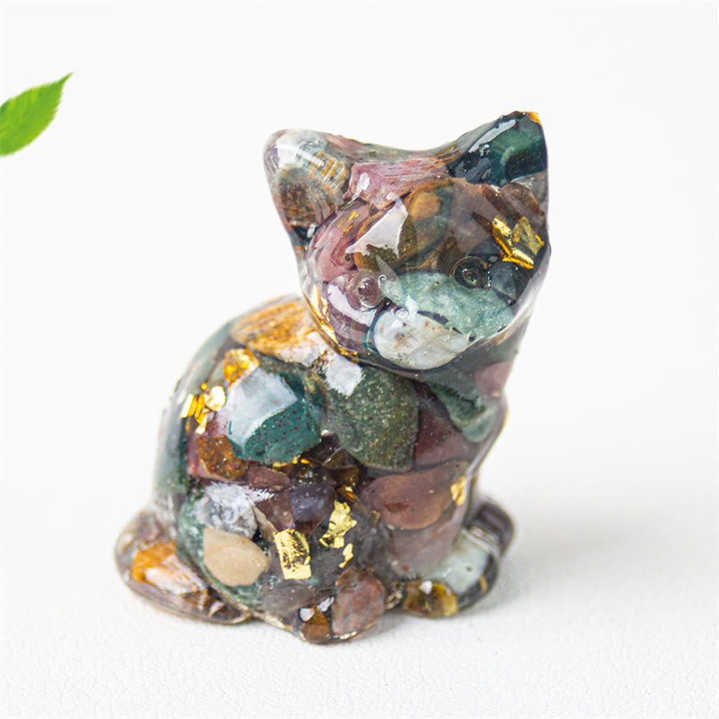 Buddha Stones Chat assis en résine, gravier, cristal rose, citrine, cristal blanc, lapis-lazuli, décoration de bureau apaisante - Jaspe marin-sédiment - Environ 3,2 x 3,3 x 4 cm - image 34