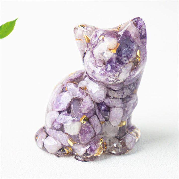 Buddha Stones Chat assis en résine, gravier, cristal rose, citrine, cristal blanc, lapis-lazuli, décoration de bureau apaisante - Lépidolite - Environ 3,2 x 3,3 x 4 cm - image 39