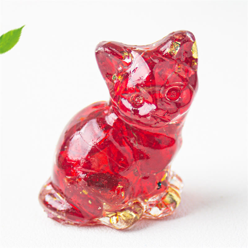 Buddha Stones Chat assis en résine, gravier, cristal rose, citrine, cristal blanc, lapis-lazuli, décoration de bureau apaisante - Verre rouge - Environ 3,2 x 3,3 x 4 cm - image 45