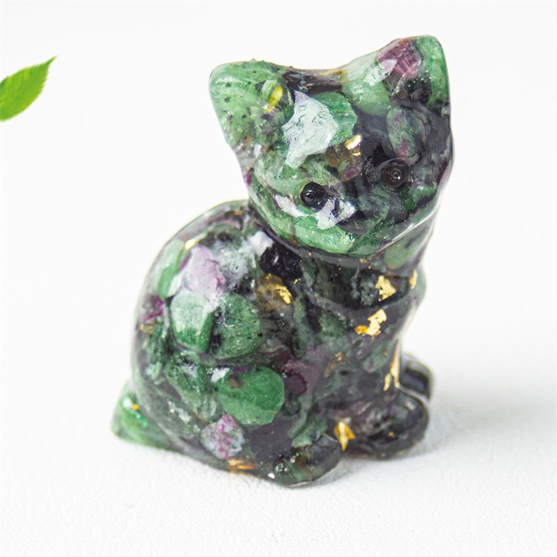 Buddha Stones Chat assis en résine, gravier, cristal rose, citrine, cristal blanc, lapis-lazuli, décoration de bureau apaisante - Zoïsite rubis - Environ 3,2 x 3,3 x 4 cm - image 41
