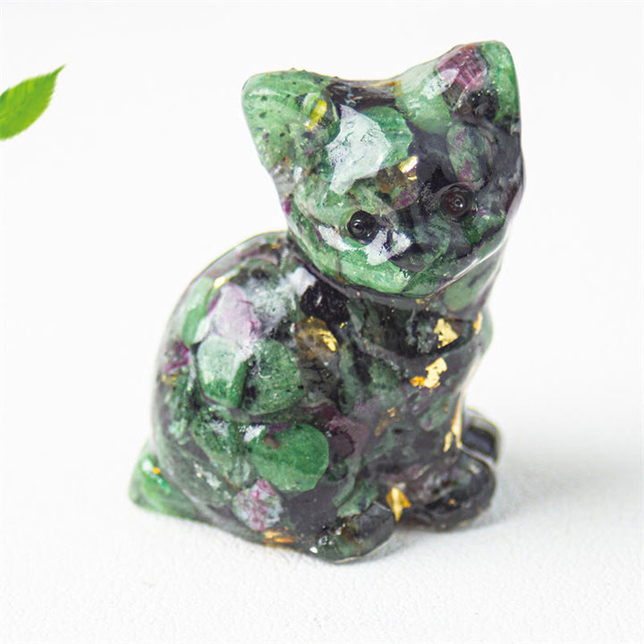 Buddha Stones Chat assis en résine, gravier, cristal rose, citrine, cristal blanc, lapis-lazuli, décoration de bureau apaisante - Zoïsite rubis - Environ 3,2 x 3,3 x 4 cm - image 41