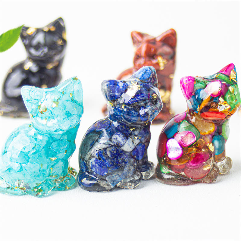 Buddha Stones Chat assis en résine, gravier, cristal rose, citrine, cristal blanc, lapis-lazuli, décoration de bureau apaisante - image 0