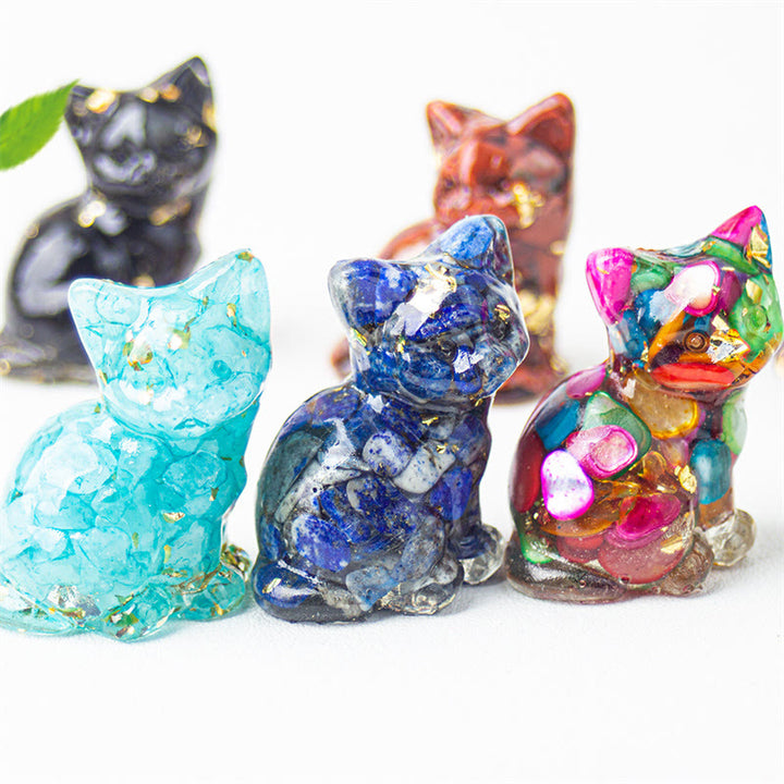Buddha Stones Chat assis en résine, gravier, cristal rose, citrine, cristal blanc, lapis-lazuli, décoration de bureau apaisante - image 0
