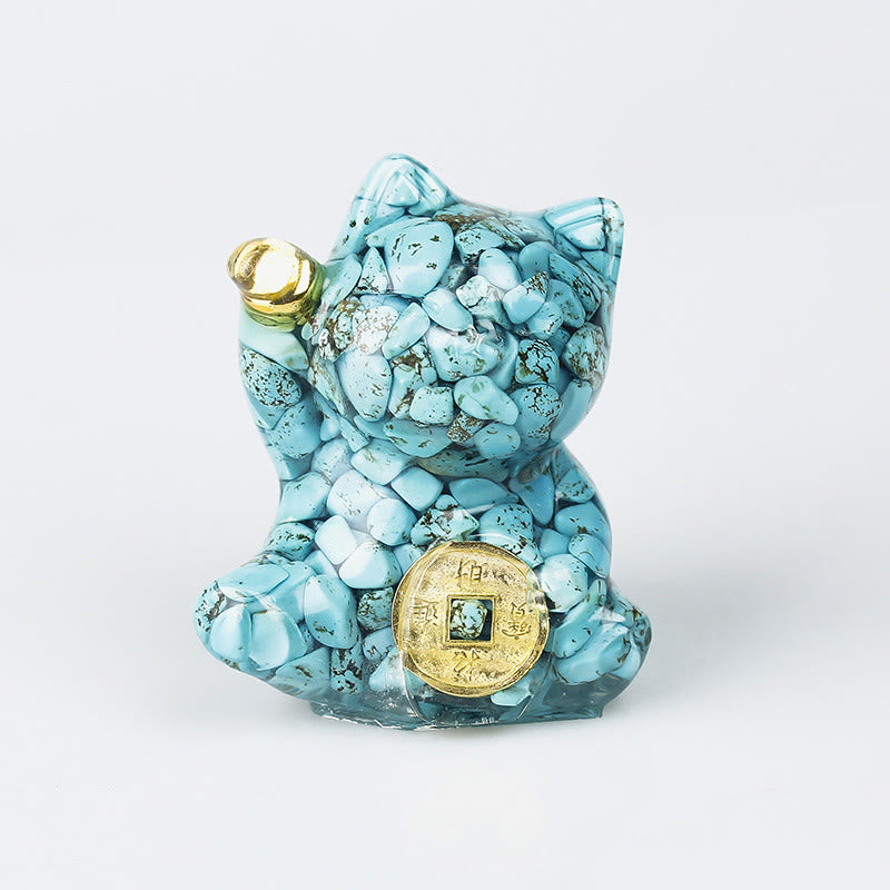 Buddha Stones Pièce de cuivre chat porte-bonheur turquoise labradorite cristal rose améthyste force décoration intérieure - Turquoise - Environ 5,5 x 6 x 4 cm - image 1
