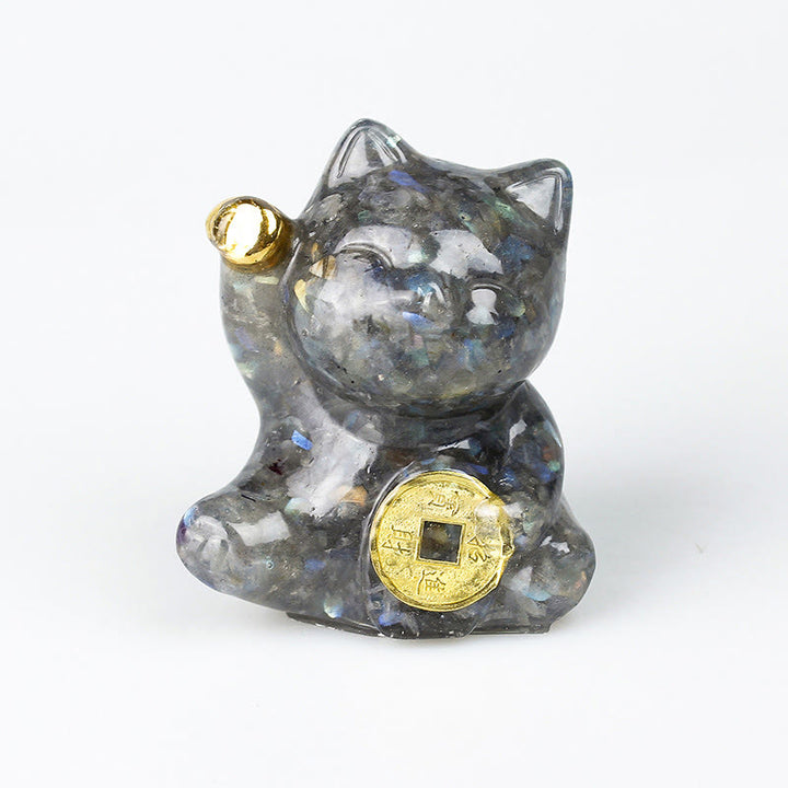 Buddha Stones Pièce de cuivre chat porte-bonheur turquoise labradorite cristal rose améthyste force décoration intérieure - Labradorite - Environ 5,5 x 6 x 4 cm - image 3