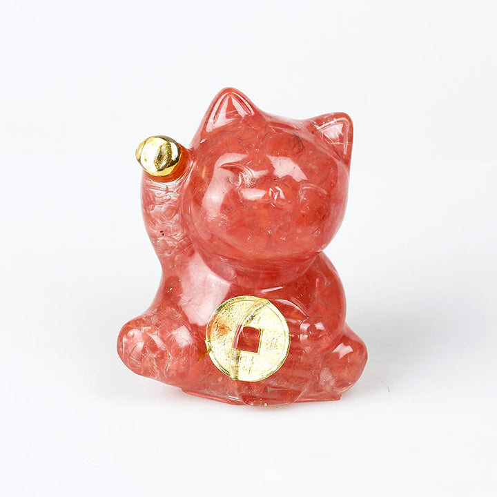 Buddha Stones Pièce de cuivre chat porte-bonheur turquoise labradorite cristal rose améthyste force décoration intérieure - Quartz rouge - Environ 5,5 x 6 x 4 cm - image 9