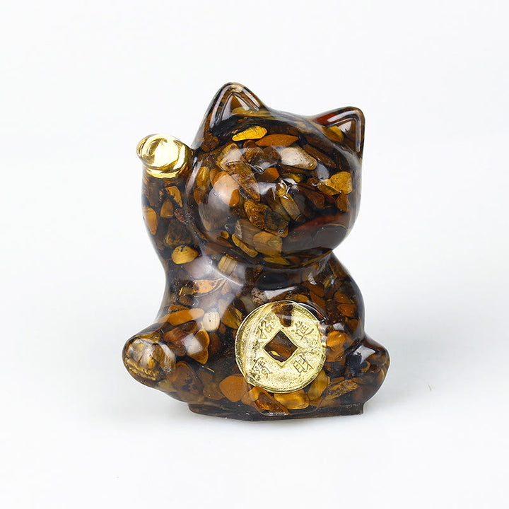 Buddha Stones Pièce de cuivre chat porte-bonheur turquoise labradorite cristal rose améthyste force décoration intérieure - Œil de tigre - Environ 5,5 x 6 x 4 cm - image 14