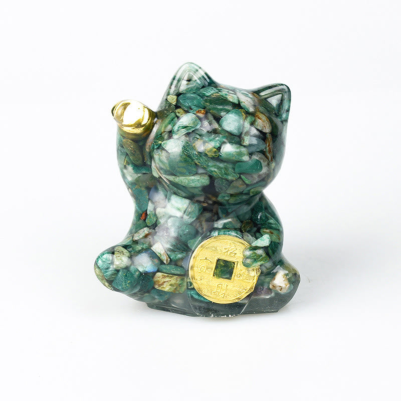 Buddha Stones Pièce de cuivre chat porte-bonheur turquoise labradorite cristal rose améthyste force décoration intérieure - Agate verte - Environ 5,5 x 6 x 4 cm - image 16