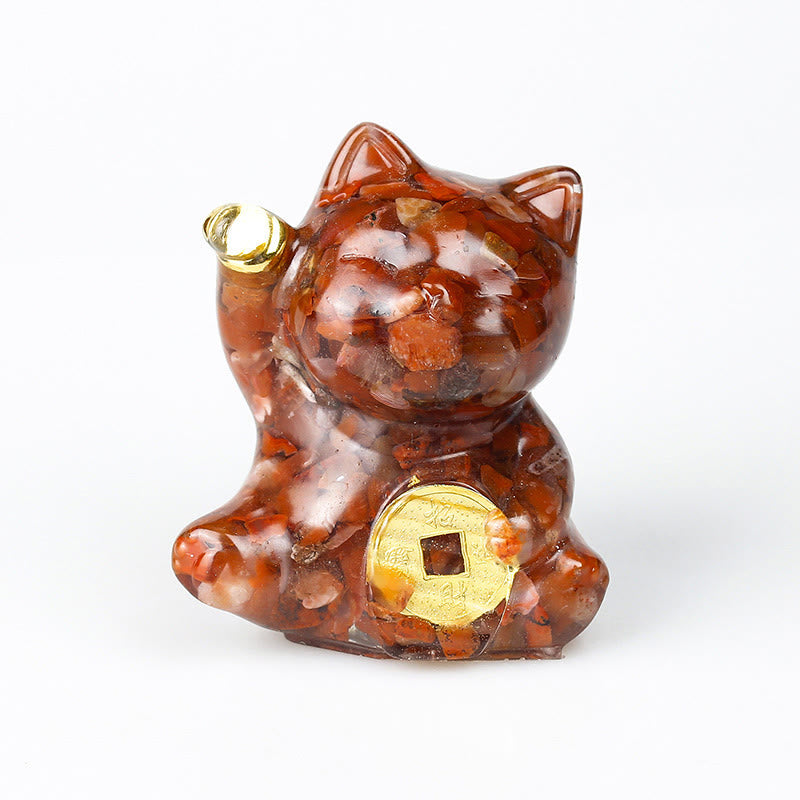 Buddha Stones Pièce de cuivre chat porte-bonheur turquoise labradorite cristal rose améthyste force décoration intérieure - Agate rouge - Environ 5,5 x 6 x 4 cm - image 17