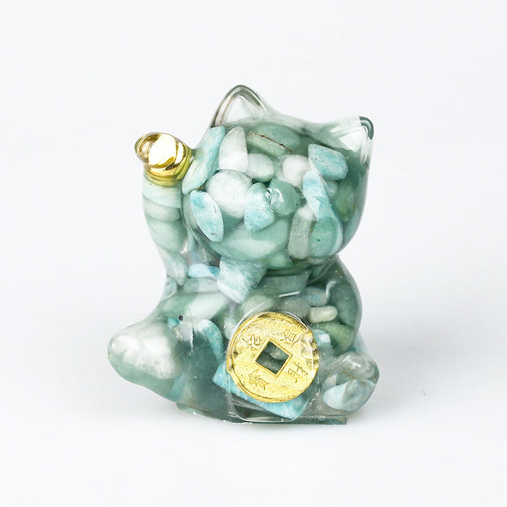 Buddha Stones Pièce de cuivre chat porte-bonheur turquoise labradorite cristal rose améthyste force décoration intérieure - Amazonite - Environ 5,5 x 6 x 4 cm - image 19