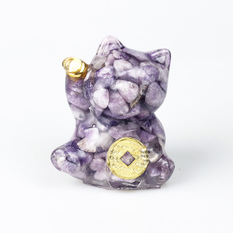 Buddha Stones Pièce de cuivre chat porte-bonheur turquoise labradorite cristal rose améthyste force décoration intérieure - Lépidolite - Environ 5,5 x 6 x 4 cm - image 21
