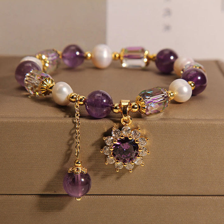 Bracelet de communication en perles d'améthyste et tournesol en Buddha Stones