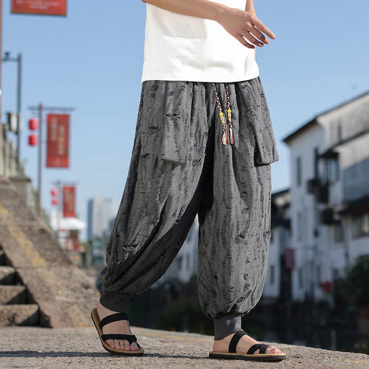 Pantalon large en coton avec cordon de serrage et poches pour homme, motif Buddha Stones, couleur unie - image 1