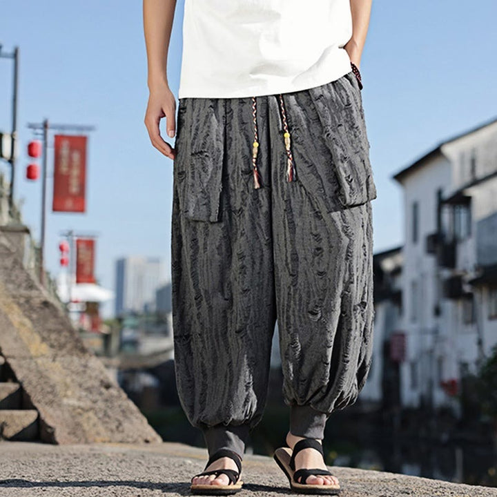 Pantalon large en coton avec cordon de serrage et poches pour homme, motif Buddha Stones, couleur unie - image 4