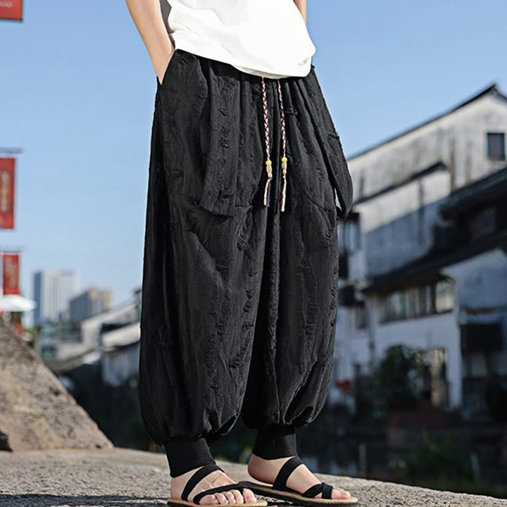 Pantalon large en coton avec cordon de serrage et poches pour homme, motif Buddha Stones, couleur unie - image 11