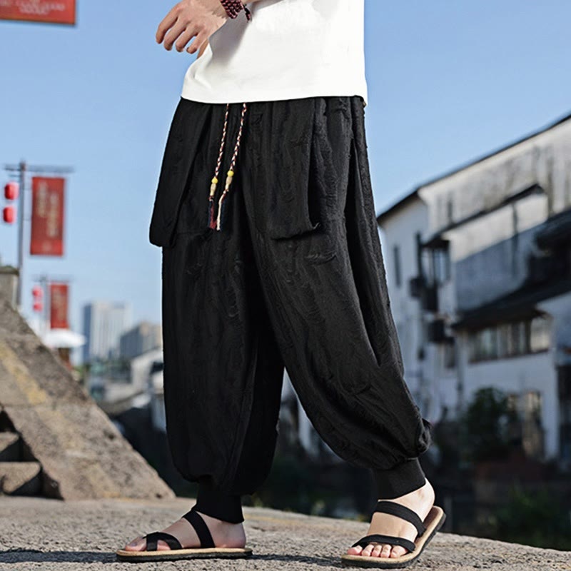 Pantalon large en coton avec cordon de serrage et poches pour homme, motif Buddha Stones, couleur unie - image 9
