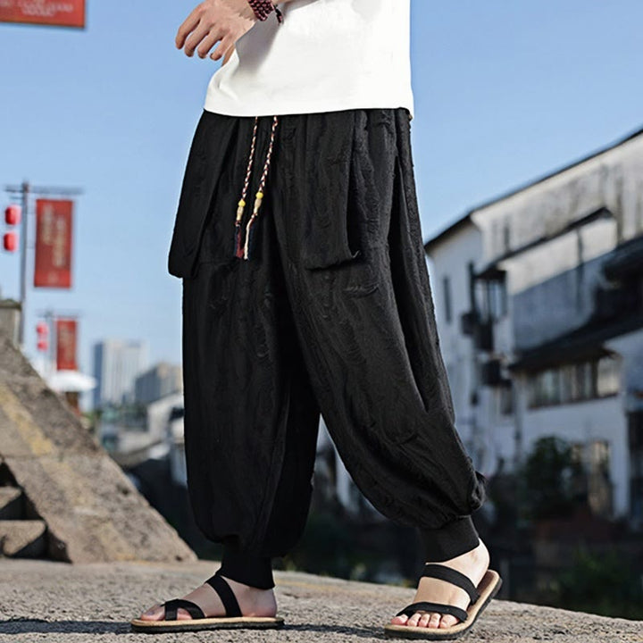Pantalon large en coton avec cordon de serrage et poches pour homme, motif Buddha Stones, couleur unie - image 9