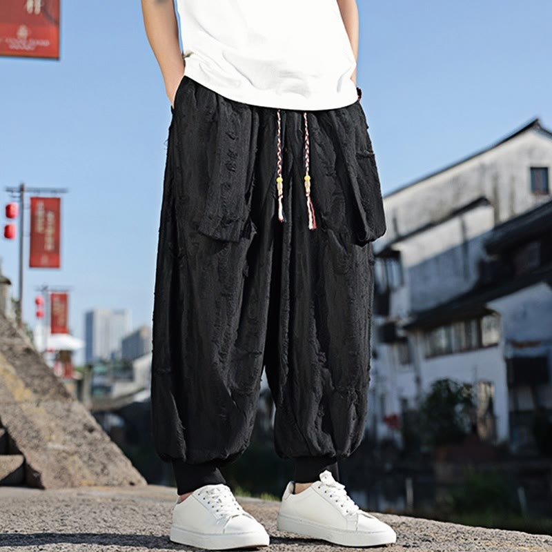 Pantalon large en coton avec cordon de serrage et poches pour homme, motif Buddha Stones, couleur unie - image 13