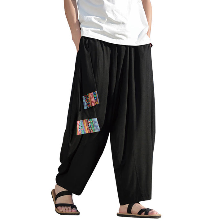Pantalon large en coton avec cordon de serrage et poches pour homme, motif patchwork simple à motifs de Buddha Stones