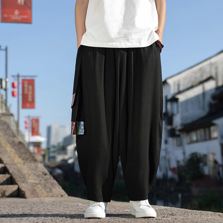 Pantalon large en coton avec cordon de serrage et poches pour homme, motif patchwork simple à motifs de Buddha Stones