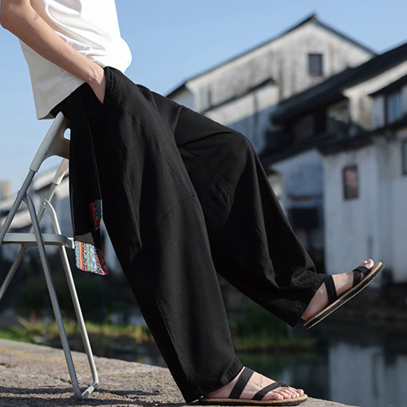 Pantalon large en coton avec cordon de serrage et poches pour homme, motif patchwork simple à motifs de Buddha Stones - image 5