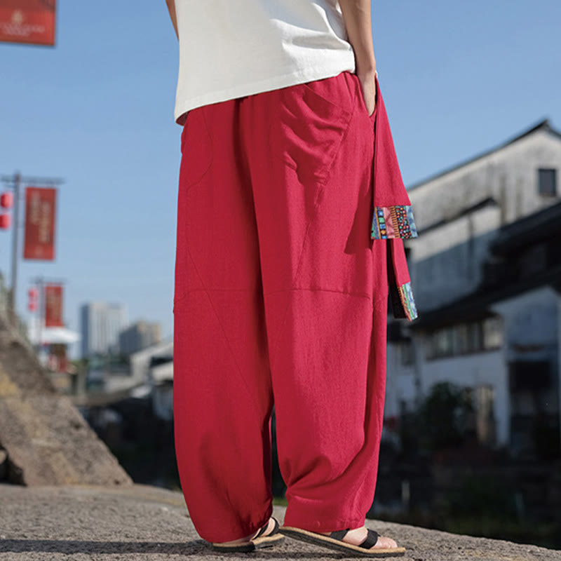Pantalon large en coton avec cordon de serrage et poches pour homme, motif patchwork simple à motifs de Buddha Stones