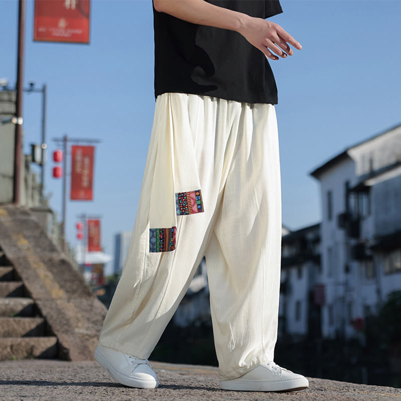 Pantalon large en coton avec cordon de serrage et poches pour homme, motif patchwork simple à motifs de Buddha Stones