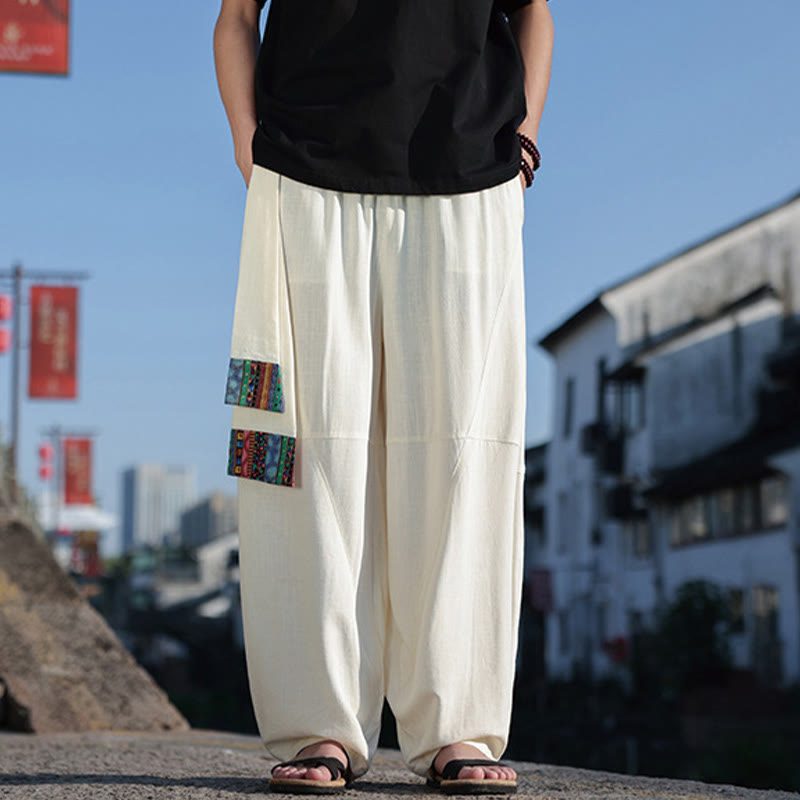 Pantalon large en coton avec cordon de serrage et poches pour homme, motif patchwork simple à motifs de Buddha Stones