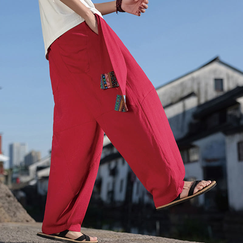 Pantalon large en coton avec cordon de serrage et poches pour homme, motif patchwork simple à motifs de Buddha Stones