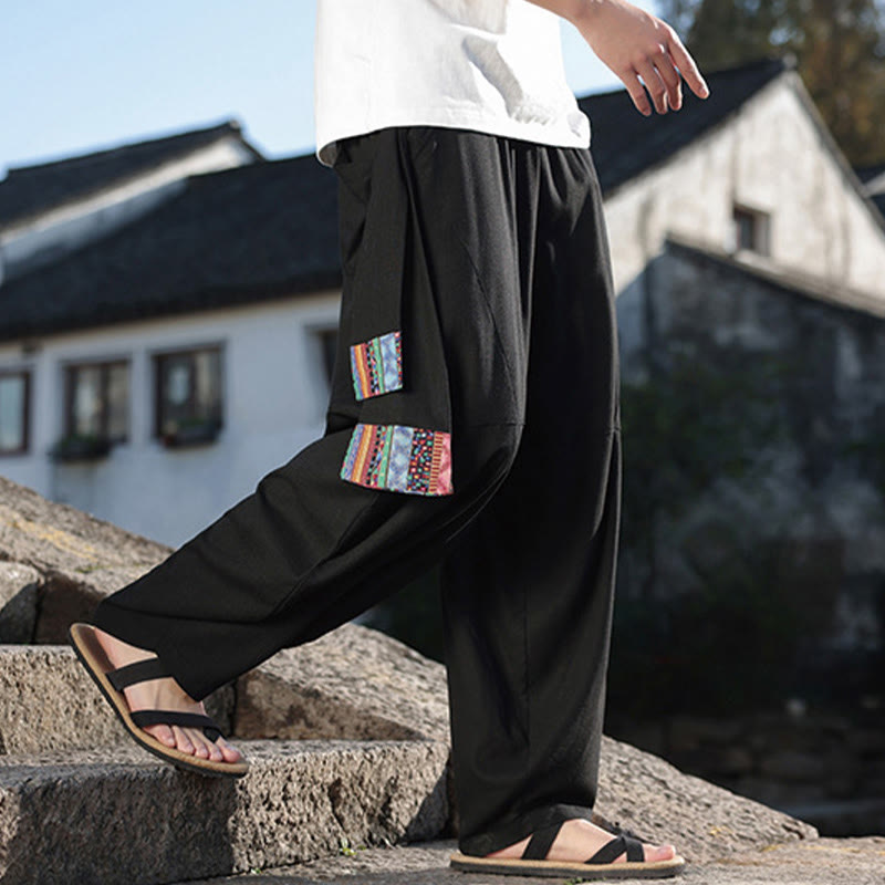 Pantalon large en coton avec cordon de serrage et poches pour homme, motif patchwork simple à motifs de Buddha Stones