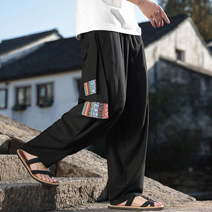 Pantalon large en coton avec cordon de serrage et poches pour homme, motif patchwork simple à motifs de Buddha Stones