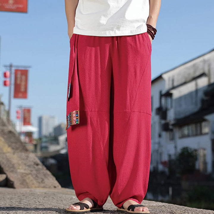 Pantalon large en coton avec cordon de serrage et poches pour homme, motif patchwork simple à motifs de Buddha Stones
