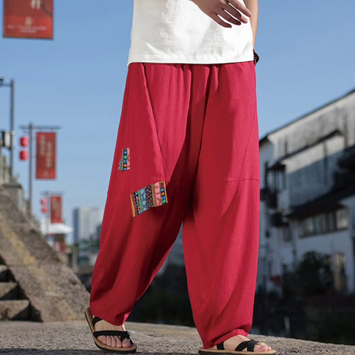 Pantalon large en coton avec cordon de serrage et poches pour homme, motif patchwork simple à motifs de Buddha Stones