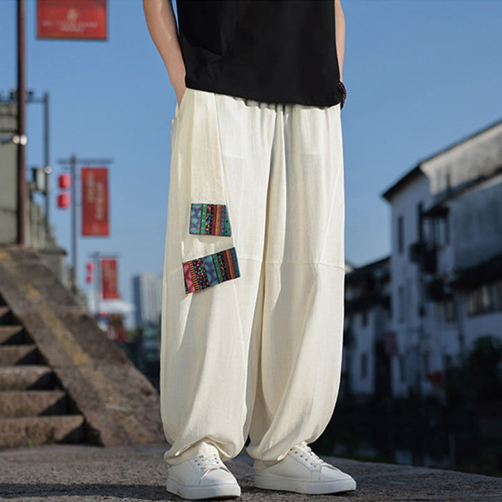Pantalon large en coton avec cordon de serrage et poches pour homme, motif patchwork simple à motifs de Buddha Stones