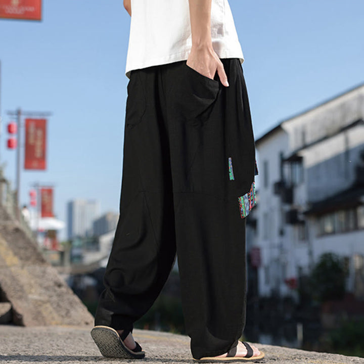 Pantalon large en coton avec cordon de serrage et poches pour homme, motif patchwork simple à motifs de Buddha Stones